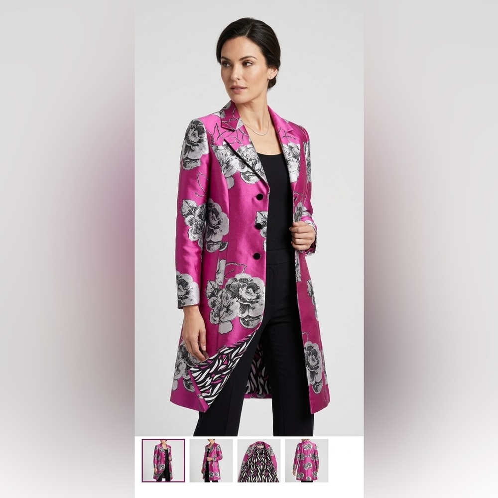 Vintage Linda Cunningham 100% Silk Floral Coat - Magenta - Size 12 - USA Made